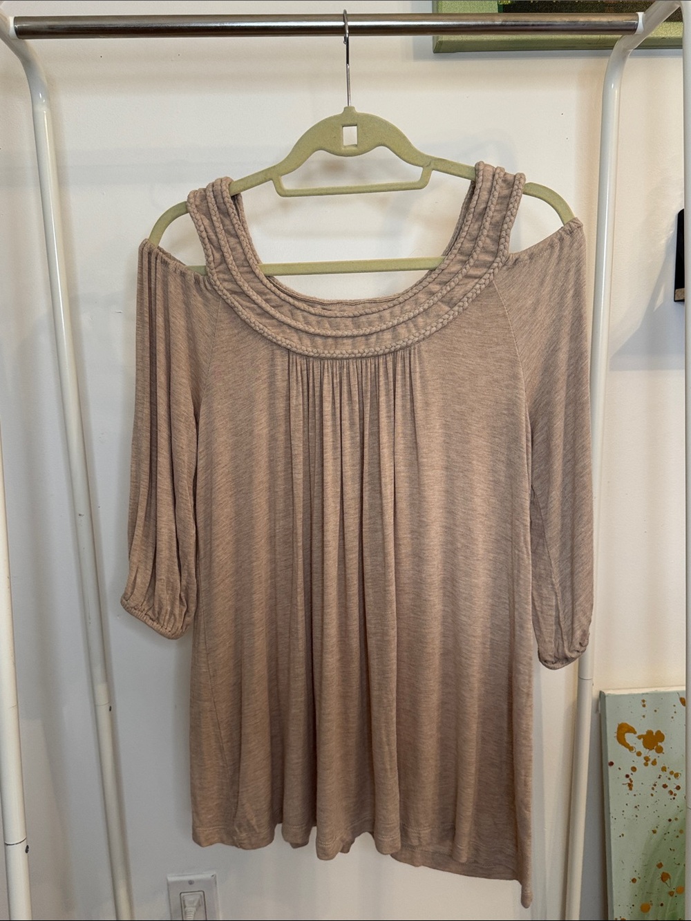 Naked Zebra Cold-Shoulder Scoop Neck Tunic Top in Taupe with Braided detail L